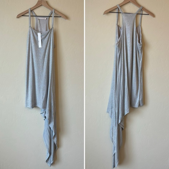 NWT Mickey & Jenny Asymmetrical Metallic Sparkle Silver Grey Mini Dress Size L - Picture 1 of 7
